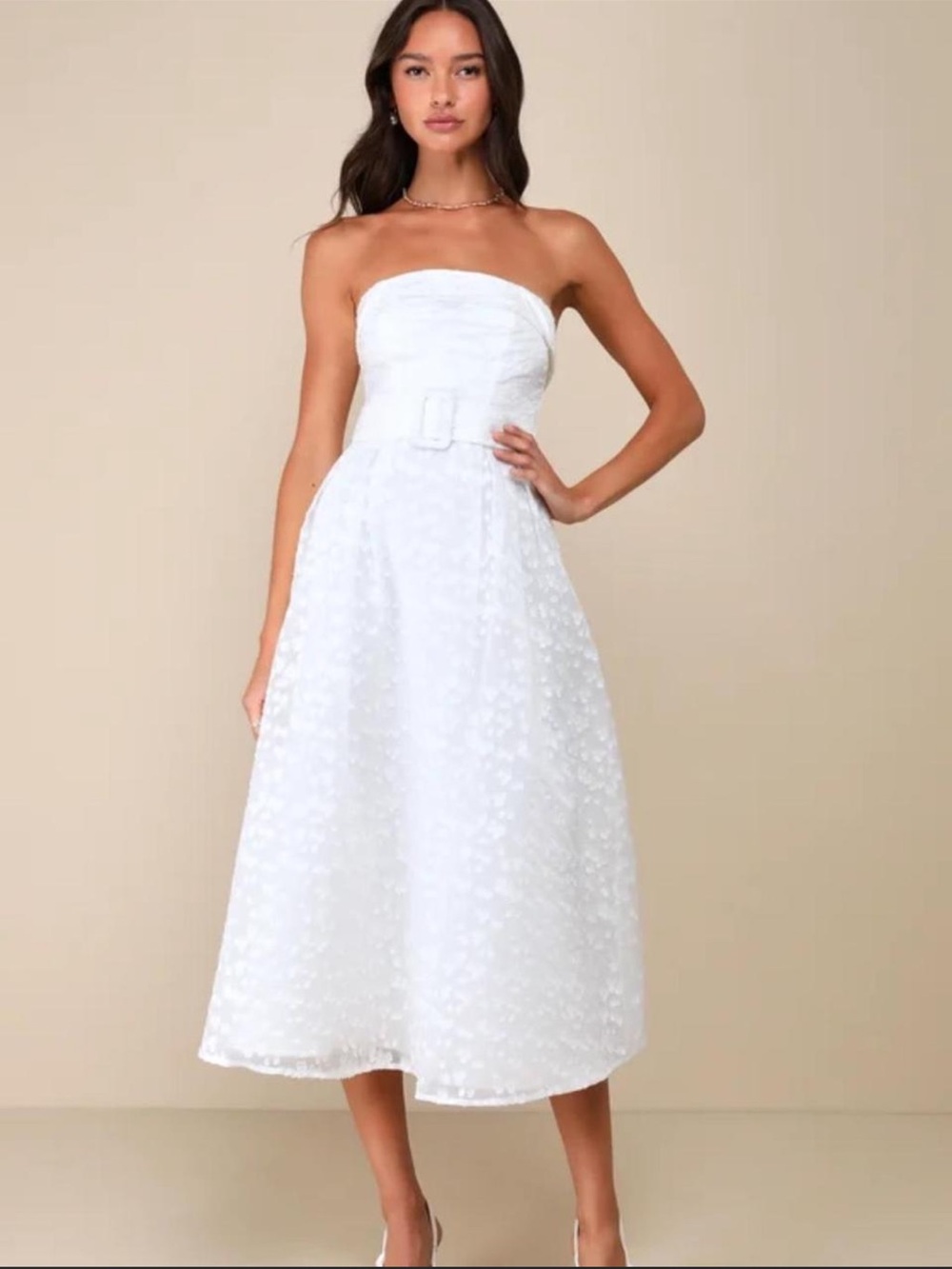 Lulu's Strapless White Midi Dress with Belted Waist